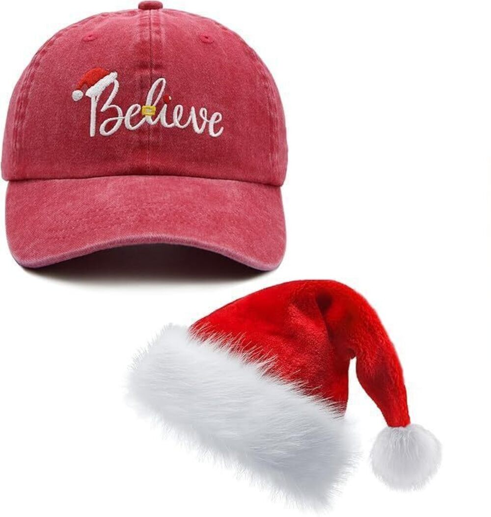 2491 Christmas Baseball Cap for Adult Bundle with Kids Santa Hat for 3-10